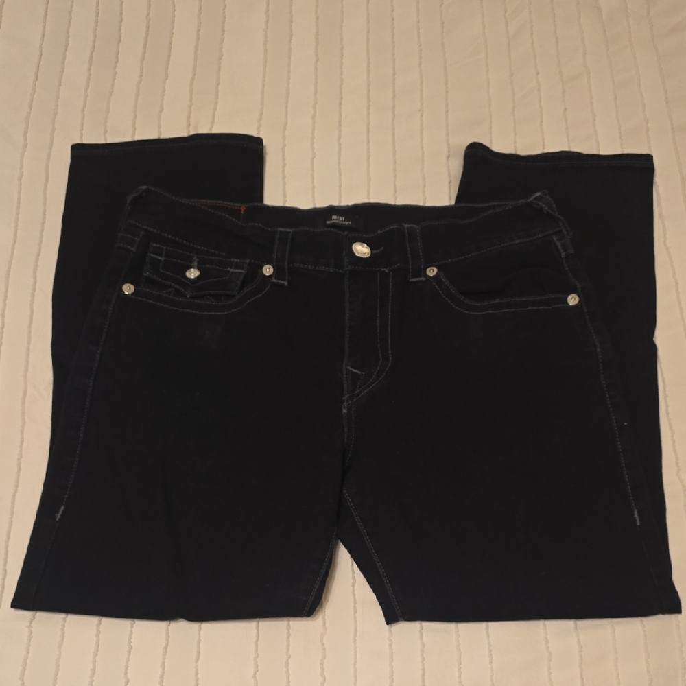 True Religion Mens Ricky Relaxed Straight Black Denim Jeans, Like New, Size 34